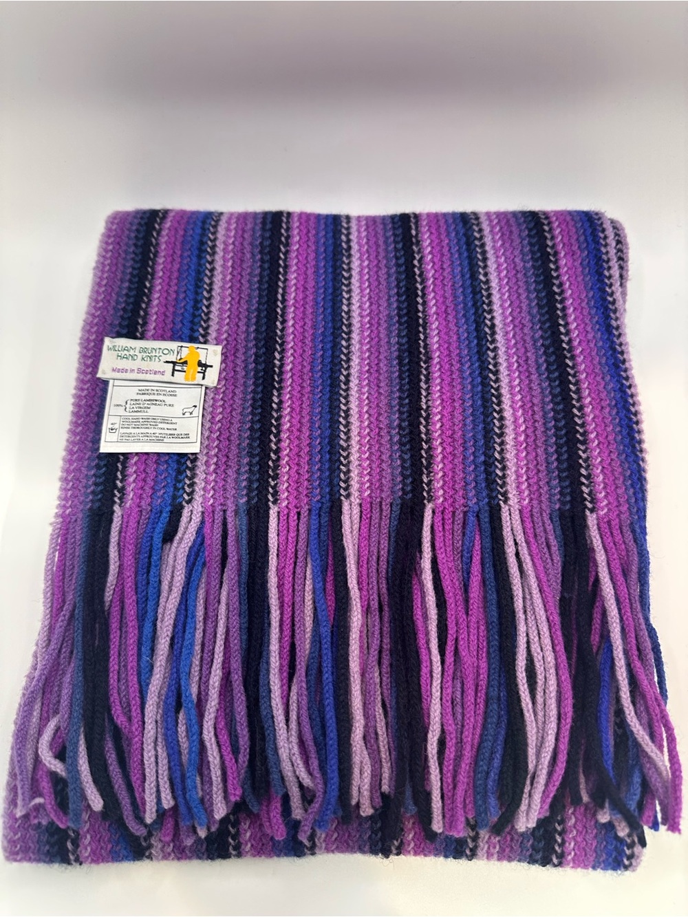 William Brunton Hand Knits Scotland 100% Lambswool Striped Scarf 86” Purple Blue